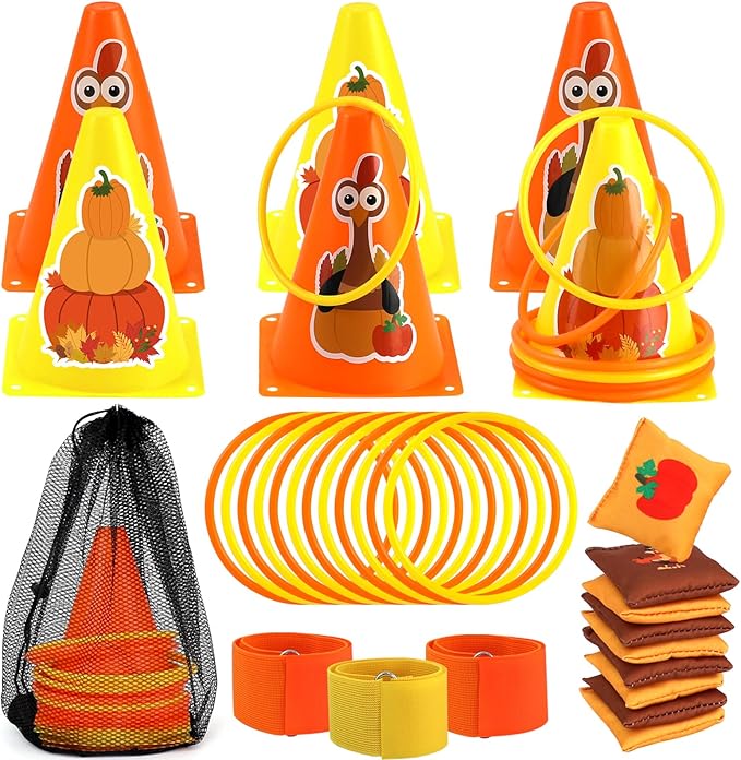 4 in 1 Fall Festival Thanksgiving Party Games with Ring Toss, Plastic Cones, Bean Bags, 3-Legged Race Bands, Thanksgiving ...