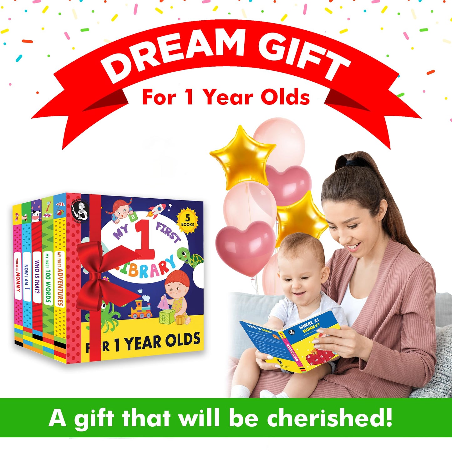Madame Curie’s My 1 Year Old Library Set of 5 | Baby Toys, for Ages 12-18-24 Months | Best Toddler Board Books | Birthday Gift Ideas for Newborn Girl & Boy, Infant Toys