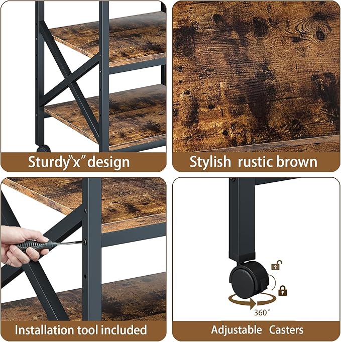 MILEFA Large 23.6 x 23.6 Inches Printer Stand with 3 Tiers, Height Adjustable Storage Shelf, Rolling Printer Cart with Industrial Wheels - Rustic Brown Home Office Printer Table