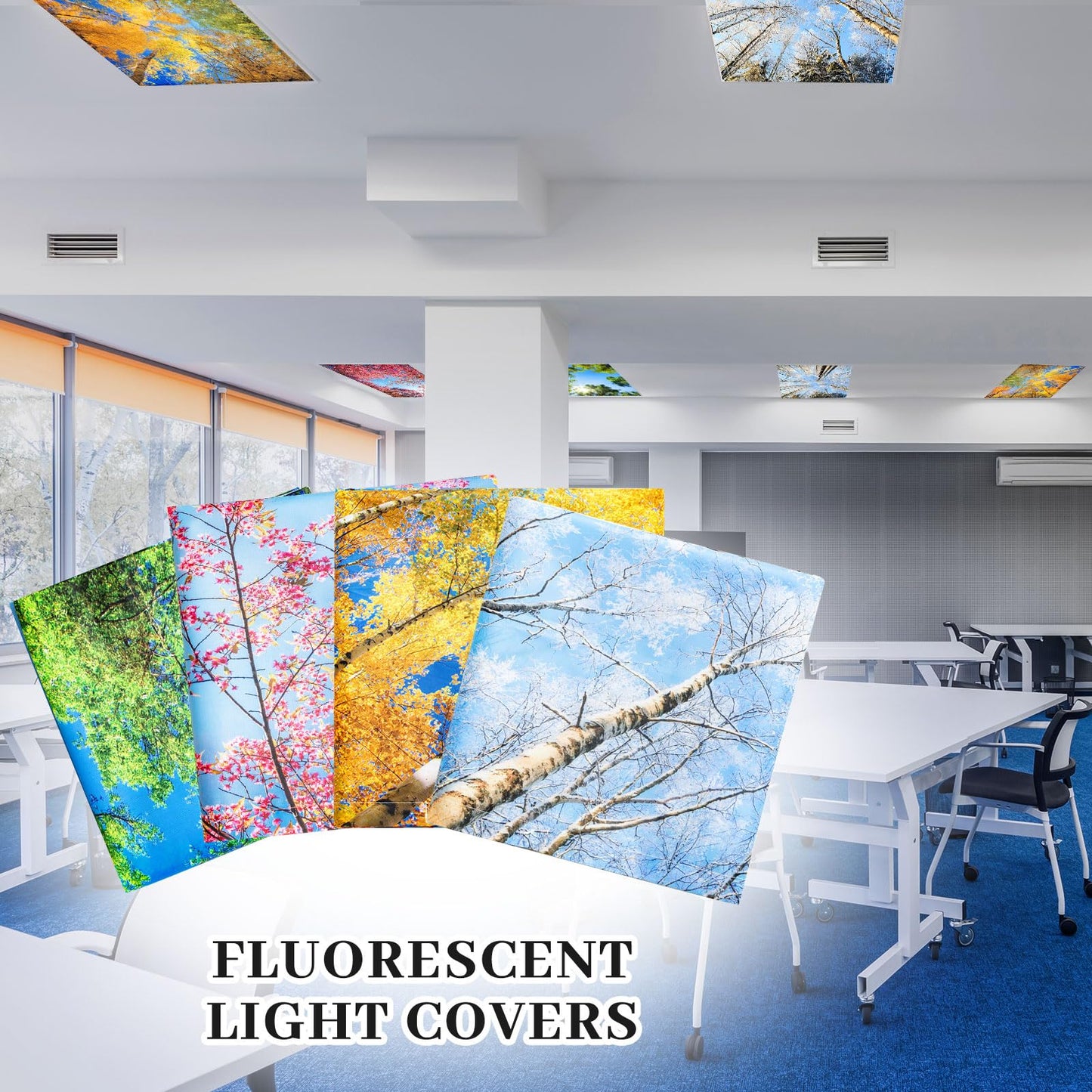 ROCEEI Pack of 4 Fluorescent Light Covers for Ceiling Lights, 4 x 2 Ft, Magnetic Light Covers for Classroom Office Home School Ceiling Decor(Season)
