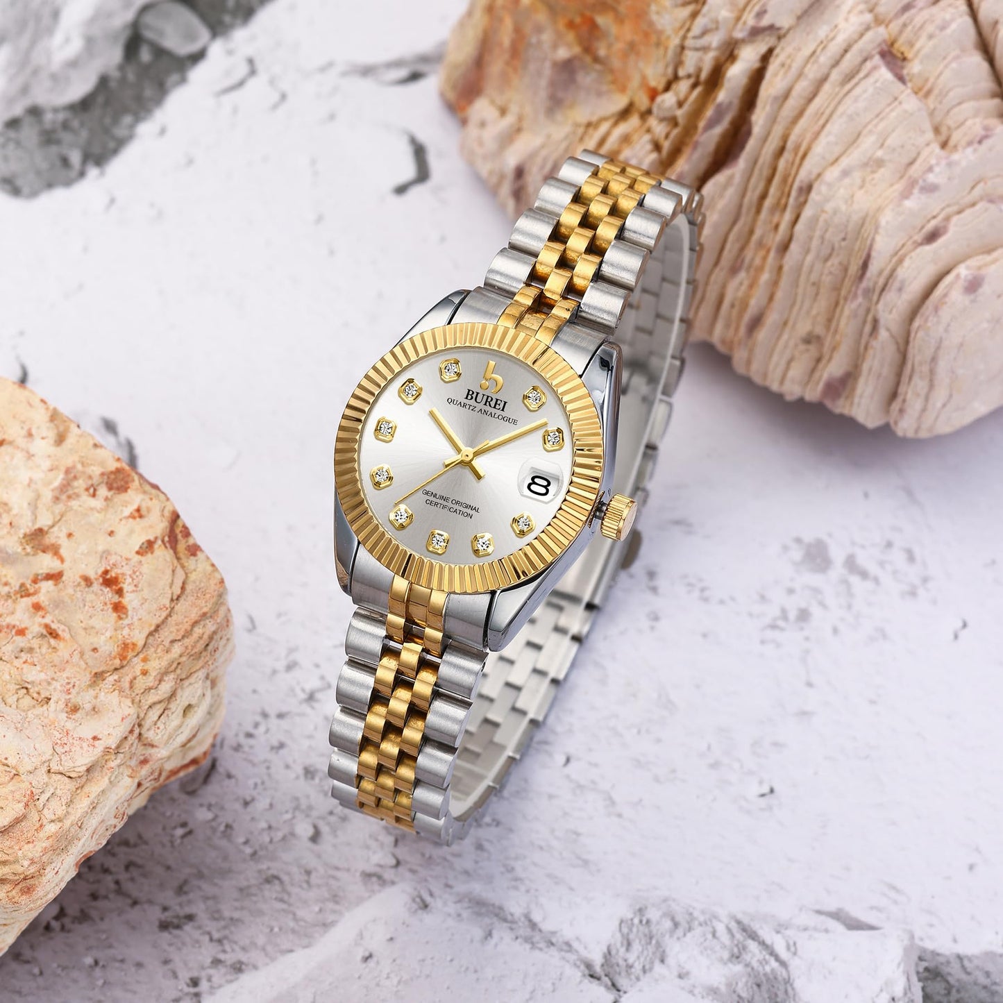 BUREI Women's Golden Watch Silver Stainless Steel Classic Quartz Women Watches with Date Fashion Business Small Face Diamond Waterproof Ladies Watches,Gift for Women