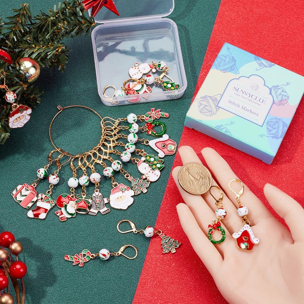 SUNNYCLUE 1 Box 20pcs Christmas Stitch Markers Crochet Knitting Markers Rhinestone Locking Stitch Markers Leverback Kntting Charms for Knitting Weaving Sewing Needleworks Women Adult DIY Crafts