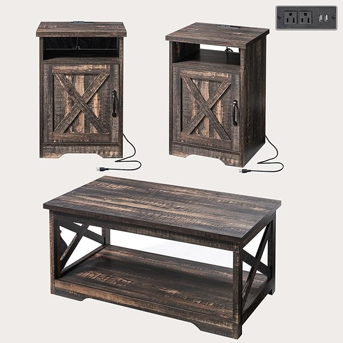 AMERLIFE 3-Piece Farmhouse Table Set Includes Coffee Table& Two End Tables, Side Table with Charging Station and USB Ports, for Living Room, Dark Oak