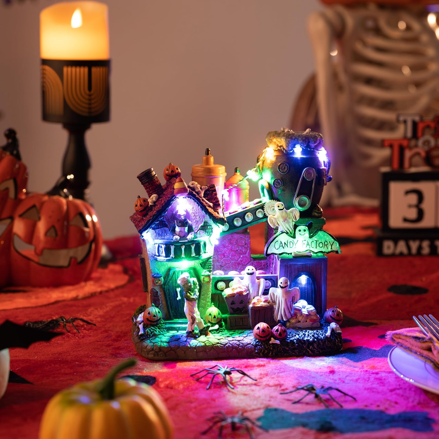 Valery Madelyn Halloween Decorations, Lighted Halloween Village Houses with Music and LED Lights, Resin Haunted House Spooky Town Scary Candy Factory for Home and Party Table Desk Mantel, 8 Inch