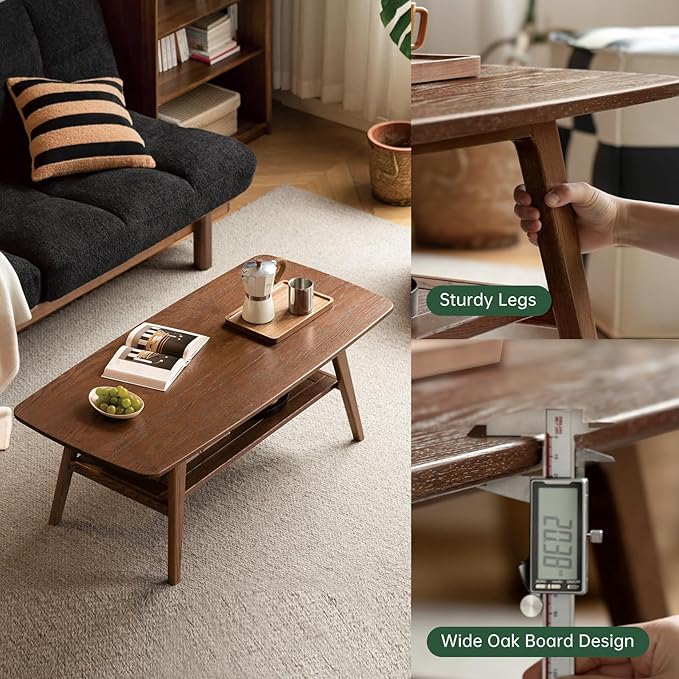 Wayshome 100% Solid Oak Wood Coffee Table for Living Room, 2-Tier Living Room Table with Storage Shelf, Mid Century Modern Coffee Tables (Walnut Colour, 39.37" W x19.68 D x 17.32" H)