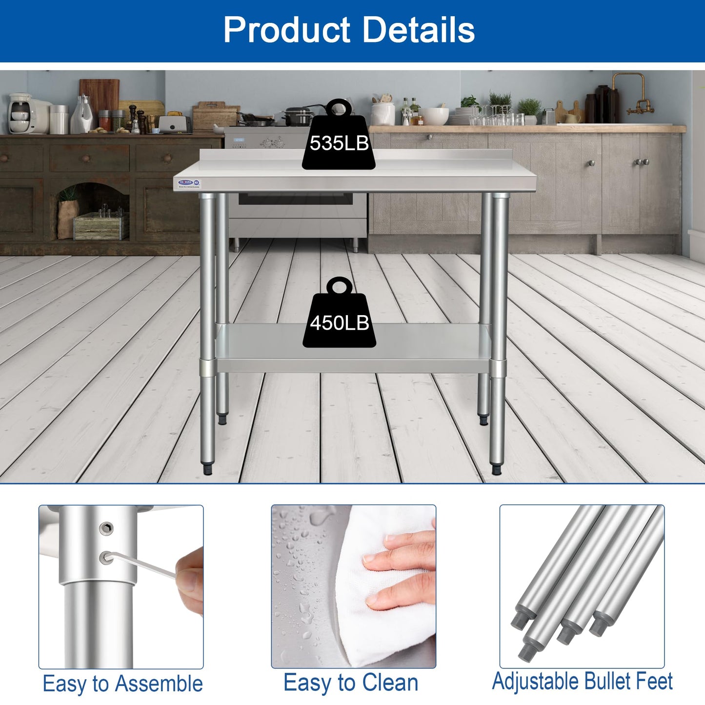 HARDURA Stainless Steel Table with Backsplash Metel Prep Table Commercial Kitchen Workbench 24x48 Inches NSF