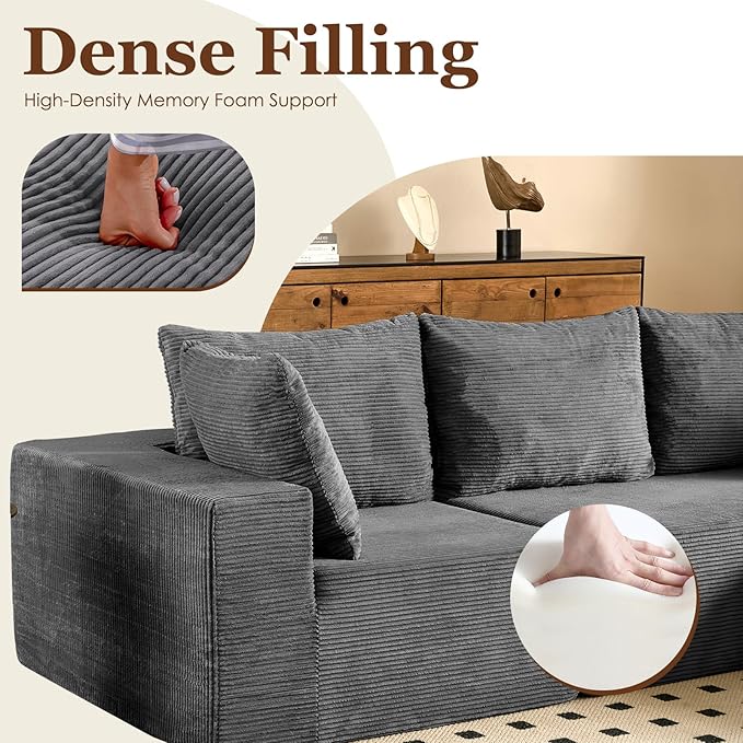 INGEROOM 108" Modular Cloud Sectional Couch with Deep Seat, Boneless Sofa with Movable Ottoman, Plush Corduroy Memory Foam Couch for Living Room, No Assembly, Dark Gray