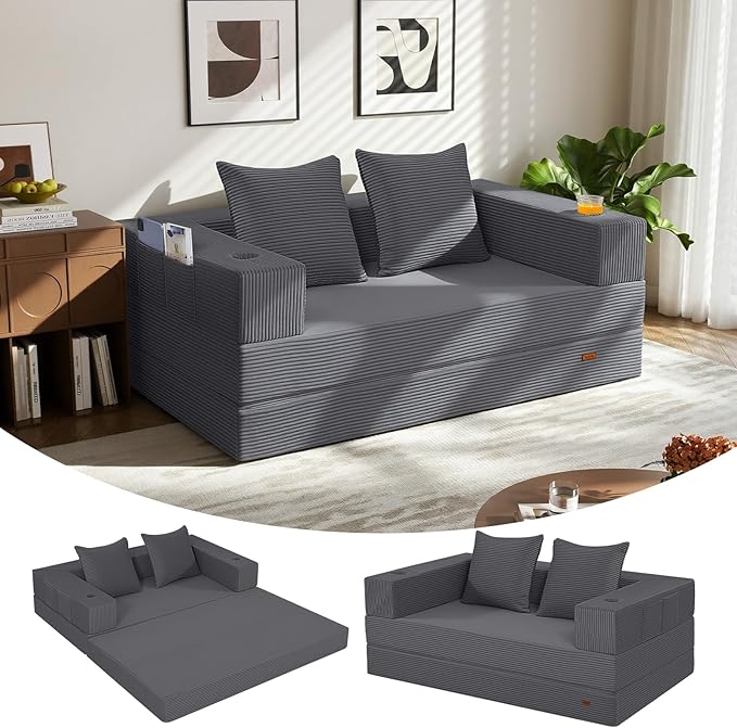 COMAX Futon Sofa Bed, 4‑in‑1 Convertible Sofa Bed, Folding Boneless Couches for Living Room, Fold Out Small Foldable Loveseat Floor Sleeper Comfy Mattress Lounge Space‑Saving, Grey