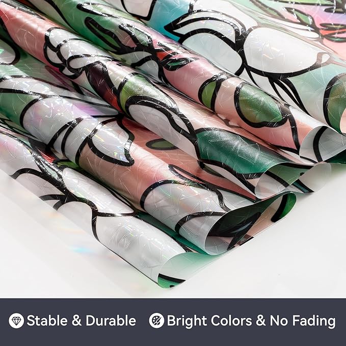 DKTIE Magnolia Pattern Stained Glass Window Film Floral Decorative Window Privacy Film with Rainbow Effect Front Door Bathroom Room Decor (S678, 17.7in X 78.7in)