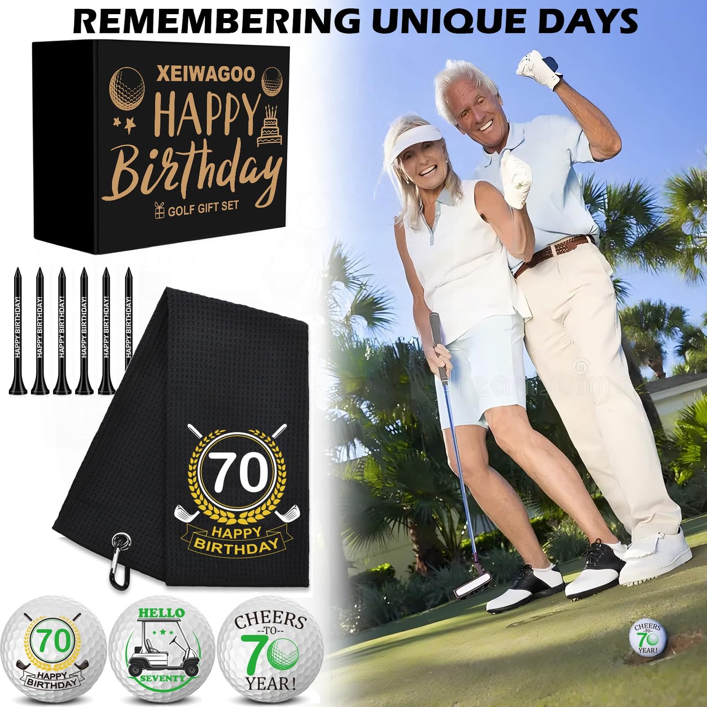 Xeiwagoo 70th Birthday Gifts for Men,3 Pack Personalized Happy Birthday Golf Balls, Absorbent Towel & 3 Tees, Unique Golf Gift Set for Men, Golfers, Dad, Mom, Grandpa, Grandma, Husband-70th