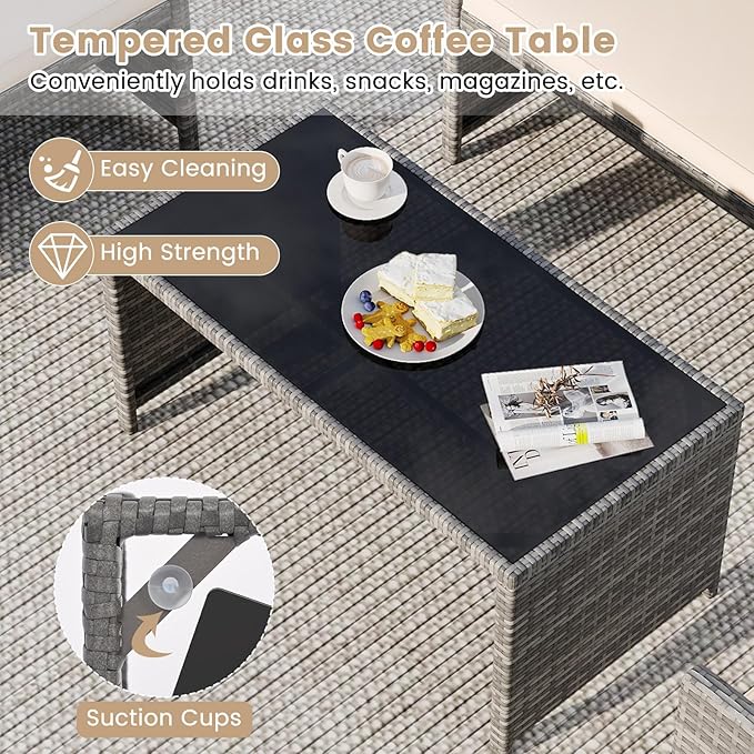 Tangkula 8 Piece Patio Wicker Furniture Set, Outdoor Heavy Duty Rattan Cushioned Chairs, Loveseat and Tempered Glass Coffee Table, for Backyard, Balcony, Poolside