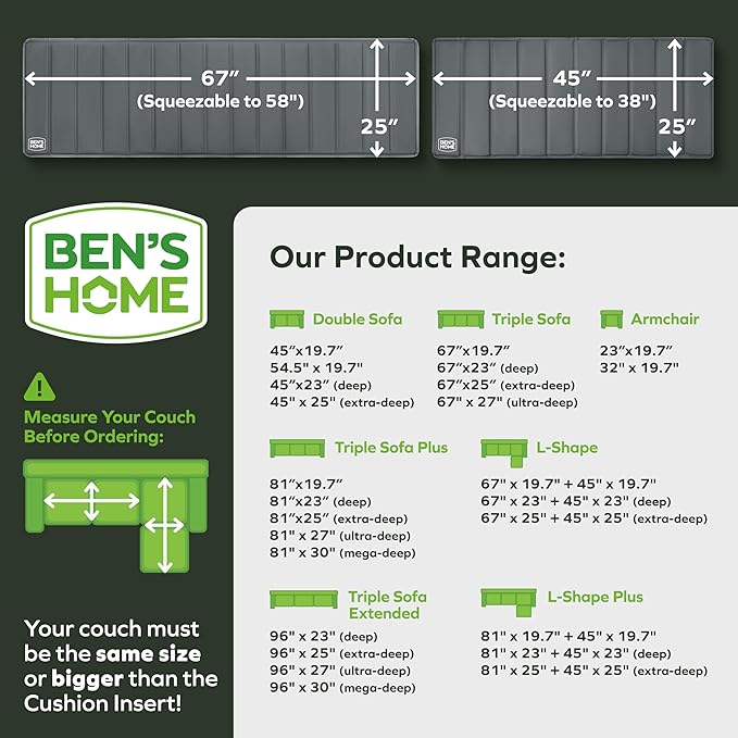 BEN'SHOME® Heavy Duty Sectional Cushion Support Board – Instantly Repair Sagging Sofa Seat | 25" x 67"+45" | .5" Furniture Grade Wood Under Cushions Insert, Anti-Slip, Extend Sofas & Couches Life