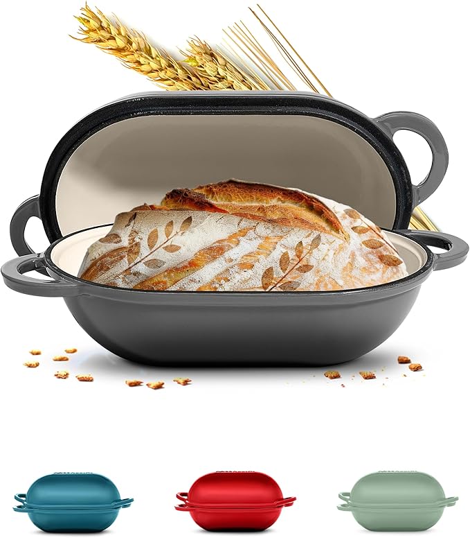 Signature Enameled Cast Iron Sourdough Bread Oven | Non-Stick with Tight Fitting Lid for Perfect Baking and Bread Making | 2QT Oval Oven With Lid [Oyster Grey]