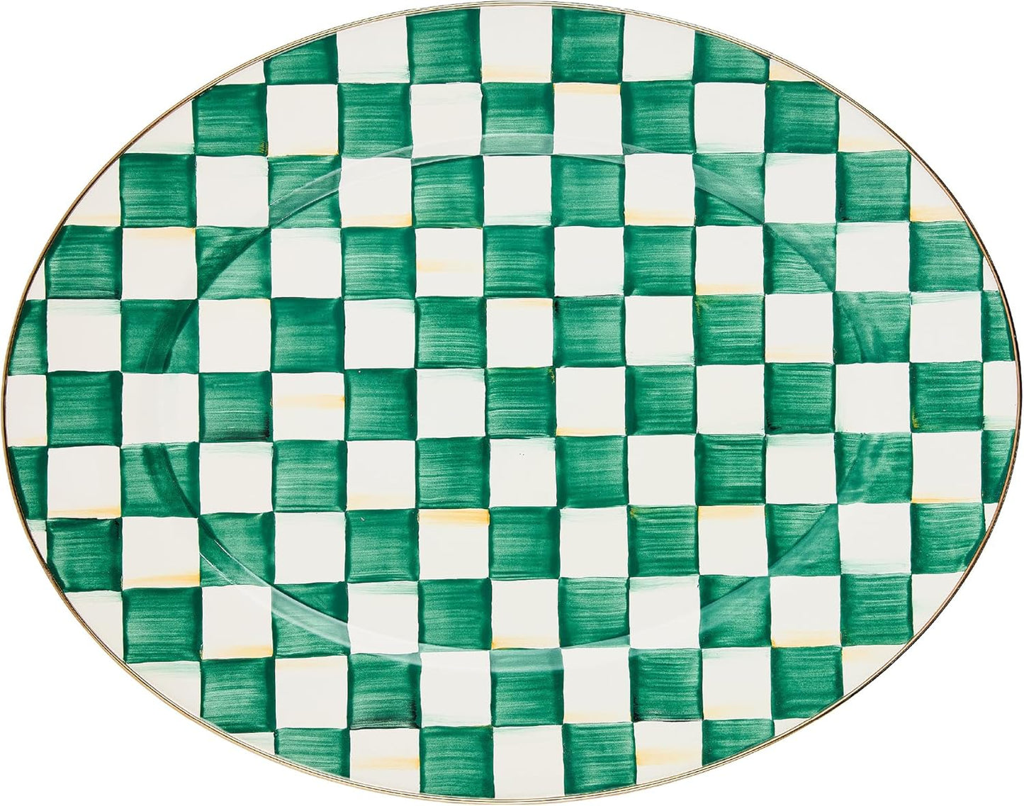 MACKENZIE-CHILDS Enamel Oval Platter, Serving Plate for Entertaining, Large, Green-and-White Emerald Check