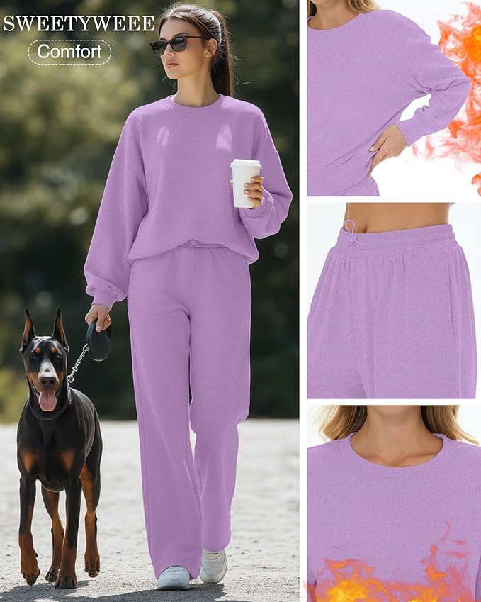 Sweetyweee Women's 2 Piece Outfits Set Fleece Lined Lounge Sweatsuit Crewneck Pullover Top Wide Leg Pants Casual Tracksuit