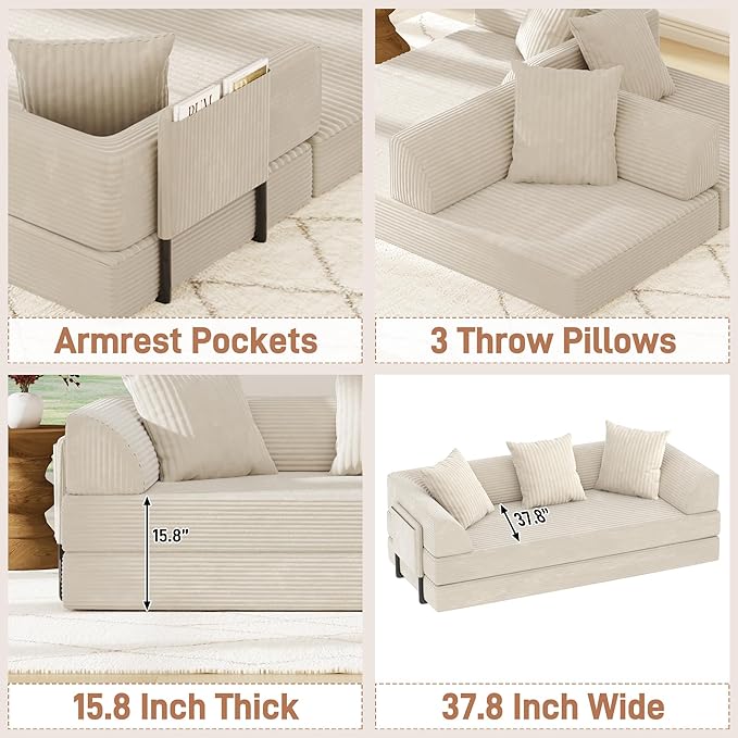 Folding Convertible Sofa Bed with 3 Pillows, 79 " Corduroy Boneless Couch with Armrest Pockets, Lounge Loveseat Sleeper with Pull Out Bed, Memory Foam Compressed Sofa for Living Room Bedroom, Beige
