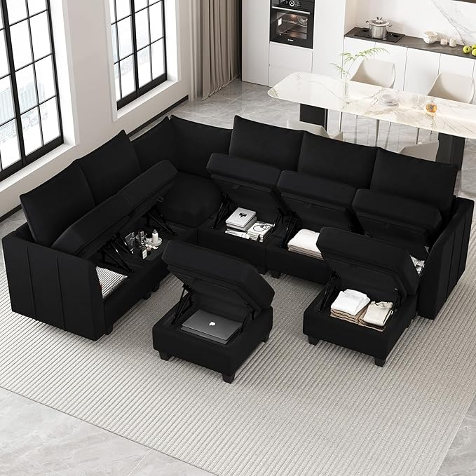 Belffin Modular Sectional Sofa U Shaped Couch with Storage Ottoman Velvet Sectional Couch for Living Room, Black