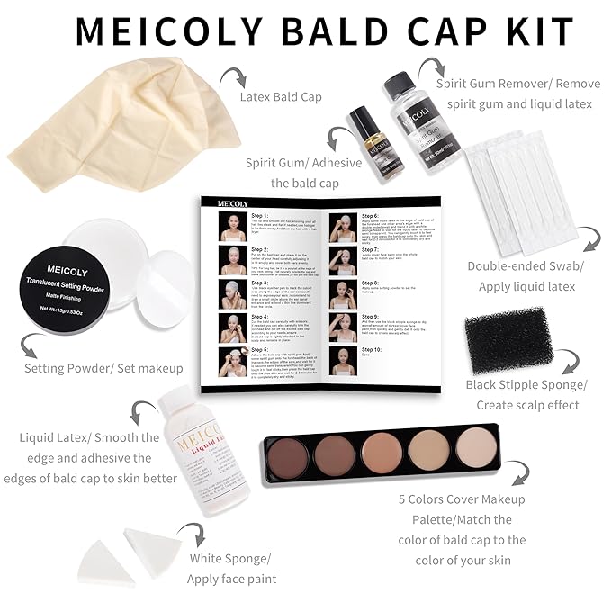 MEICOLY Bald Cap Kit for Women and Men,All-in-One Bald Cap Costume Set for Halloween SFX Makeup,Cosplay,Performance Stage,Theatre,Film,Spirit Gum and Remover Kit,Setting Powder,Liquid Latex,10PCS