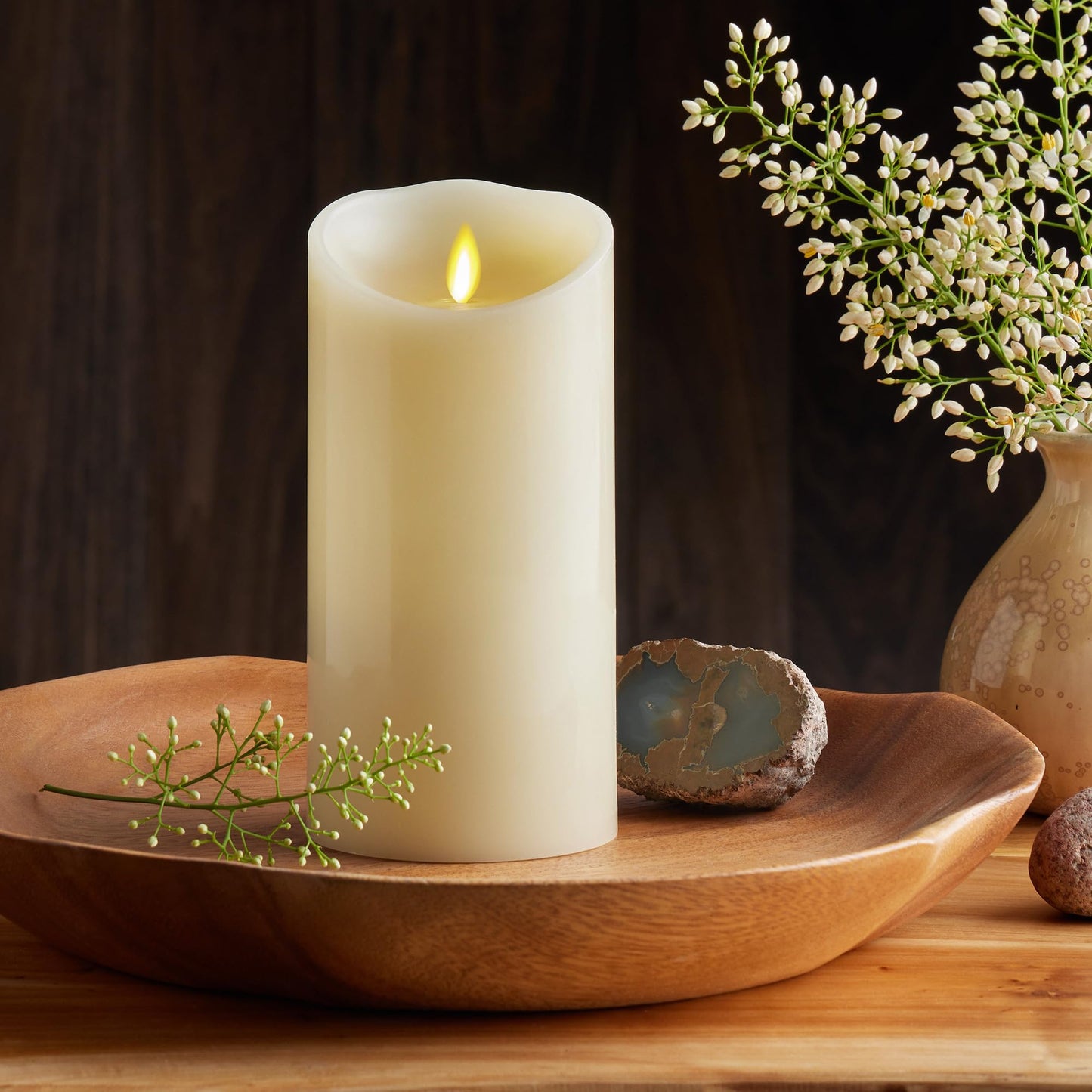 Luminara Scalloped Edge Flameless LED Candle, Ivory 3.5" x 7", Real Wax Pillar, Battery Operated Moving Flame with Timer, Unscented