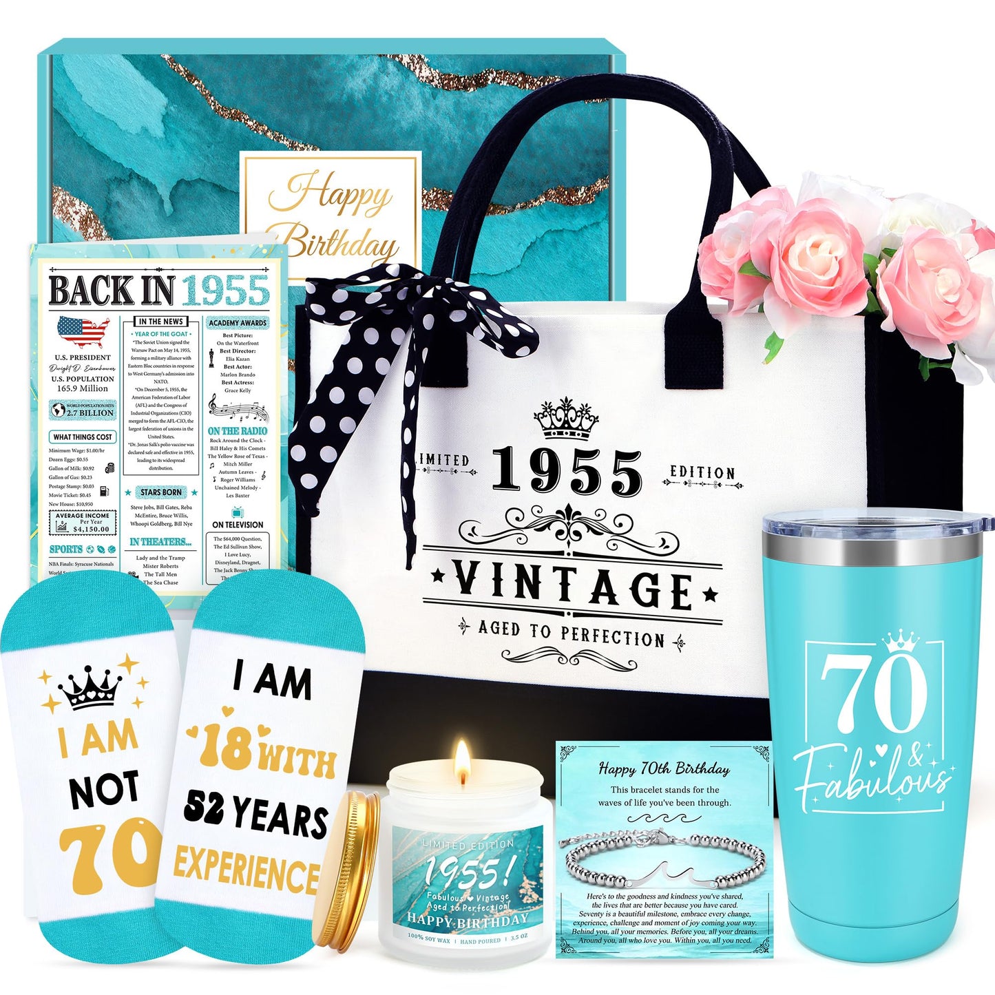 70th Birthday Gifts for Women 70 Year Old Birthday Gifts for Women Cool 1955 Gift for 70 Year Old Woman Happy 70th Bday Decoration Gift Ideas for Woman Female Mom with Tumbler Tote Bag Funny Socks