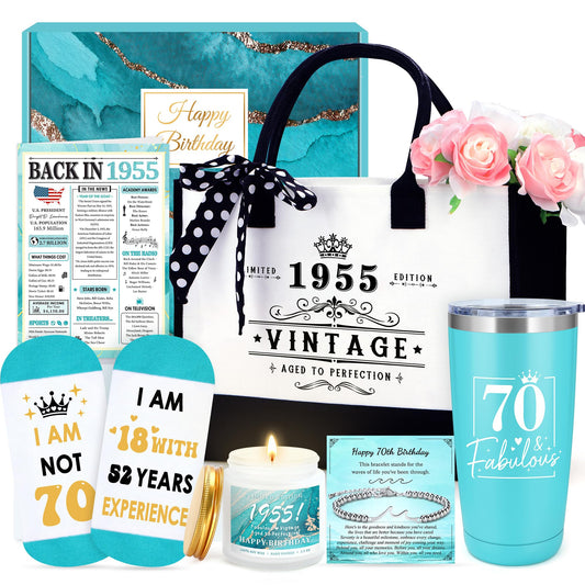 70th Birthday Gifts for Women 70 Year Old Birthday Gifts for Women Cool 1955 Gift for 70 Year Old Woman Happy 70th Bday Decoration Gift Ideas for Woman Female Mom with Tumbler Tote Bag Funny Socks