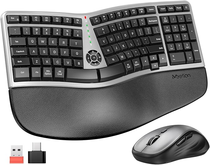MEETION Ergonomic Wireless Keyboard and Mouse Combo, 2.4G Curved Compact Keyboard with Cushioned Palm Rest, 4 Level DPI Ad...