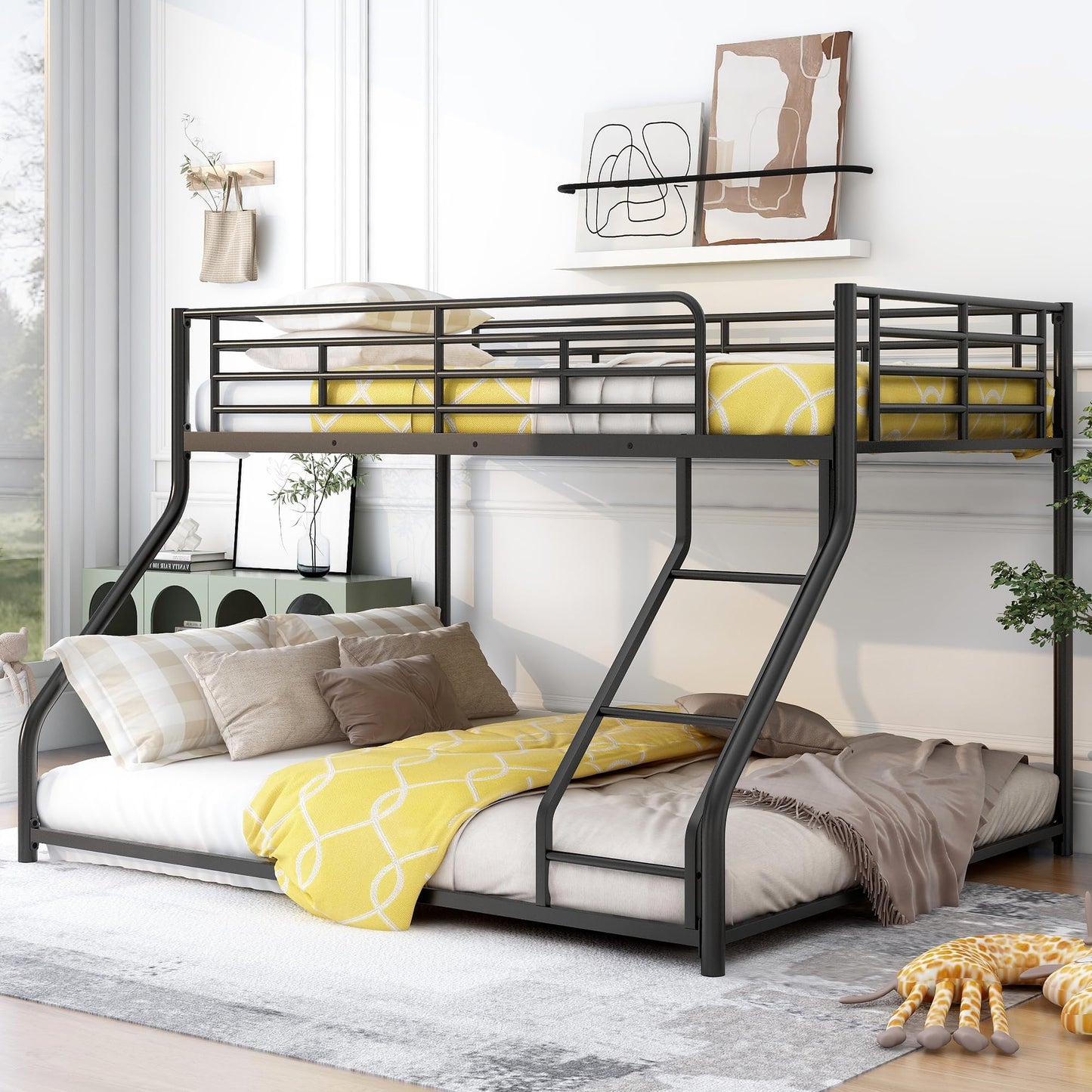 Merax Metal Floor Bunk Bed, Twin XL Over Queen, Black,82.4''L x 62.4''W x 53.7''H