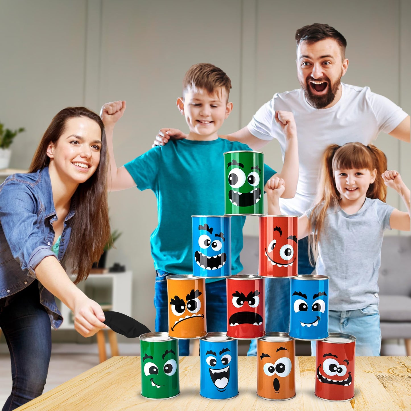 ArtCreativity Halloween Carnival Bean Bag Toss Game - Halloween Party Game with 10 Tin Cans and 3 Bean Bags - Indoor and Outdoor Party Activity for Kids - Tossing Game for Kids 3 and Up