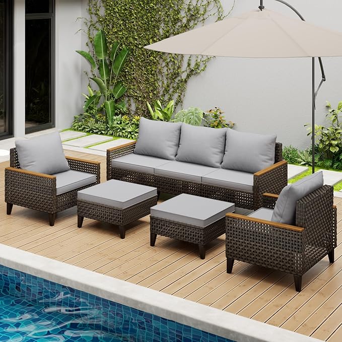 Xmkmvk 7 Piece Patio Sectional Sofa Furniture Set, All-Weather Wicker Rattan Outdoor Conversation Set with High Back and Thick Cushions, for Garden, Porch, Poolside, Gray