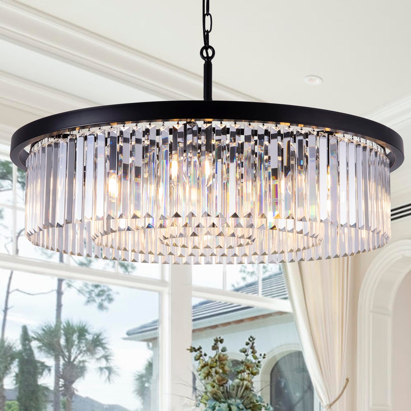 Wellmet Modern Black Crystal Chandelier, 33.5" Large 3-Tier Round Pendant Light with Adjustable Chain, 9-Light Luxury Crystal Ceiling Fixture for High Ceiling Foyer, Grand Living Room, Dining, Bedroom