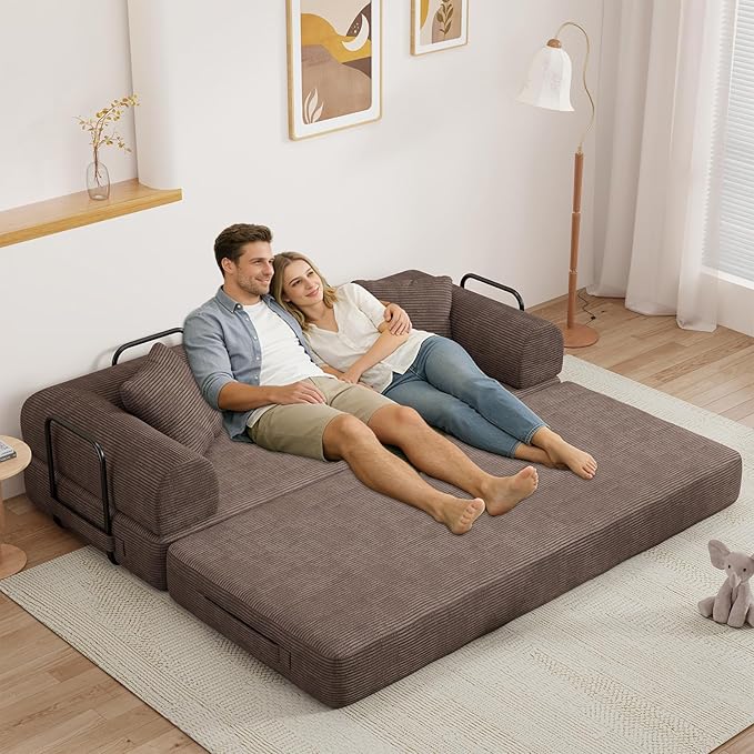77" Convertible Sofa Bed, Modular Folding Futon Corduroy Floor Foam Compressed Loveseat Sleeper Sofa Couch, Pull Out Queen Size Couch Bed with 2 Pillows for Living Room Guest Room Studio, Brown