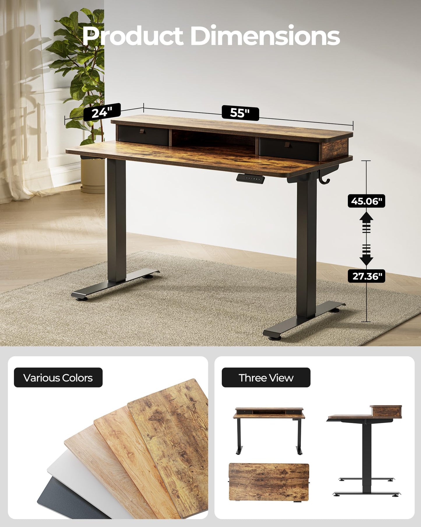 TENKIA 55x24 Inch Electric Standing Desk with Double Drawers, Adjustable Feet & Hooks, Ergonomic Home Office Workstation, Rustic Brown