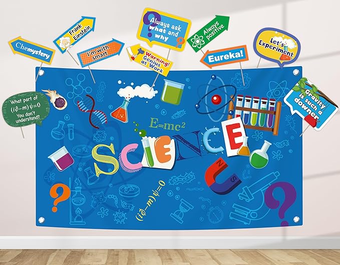 Science Party Decoration Kit - Includes Photography Backdrop & 10 Studio Selfie Photo Booth Props with Sticks - Mad Scient...