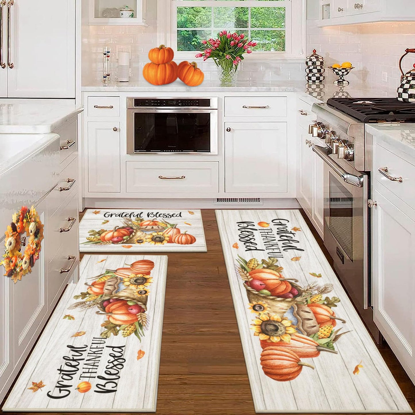 HEBE Fall Kitchen Rugs Sets of 3, Non Slip Pumpkin Kitchen Rugs and Mats, Washable Kitchen Mats for Floor, Autumn Kitchen Runner Floor Carpet for Thanksgiving Holiday Decor