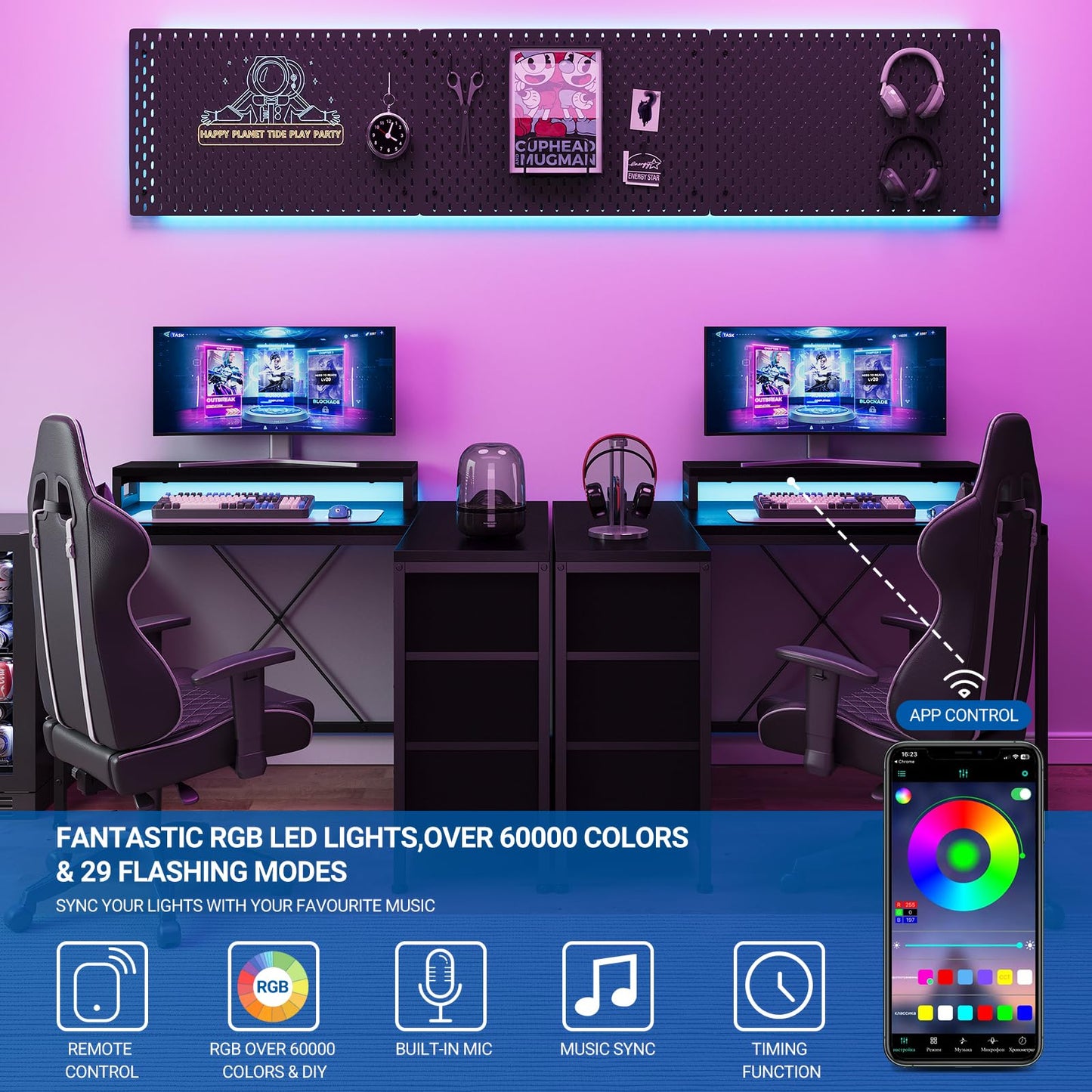 Hetoy L-Shaped Gaming Desk with Power Outlets, Corner Desk with Drawers, Shelves & LED Lights, Computer Desk for Home & Office