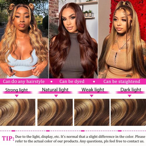 GAOYIFU Highlight Ombre Lace Front Wig Human Hair Honey Blonde 13x6 HD Body Wave Lace Front Wigs Human Hair Pre Plucked 180 Density 4/27 Frontal Glueless Highlighted Wig for Black Women 20 Inch