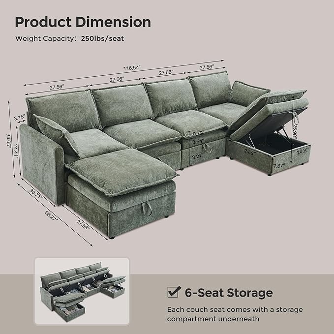 wow97e 116.54" U Shaped Sectional Couches for Living Room, Modern Cloud Couch Sectional with Large Storage, 6-Seat Modular Sectional Sofa with Ottoman and Pillow for Apartment, Bedroom, Green