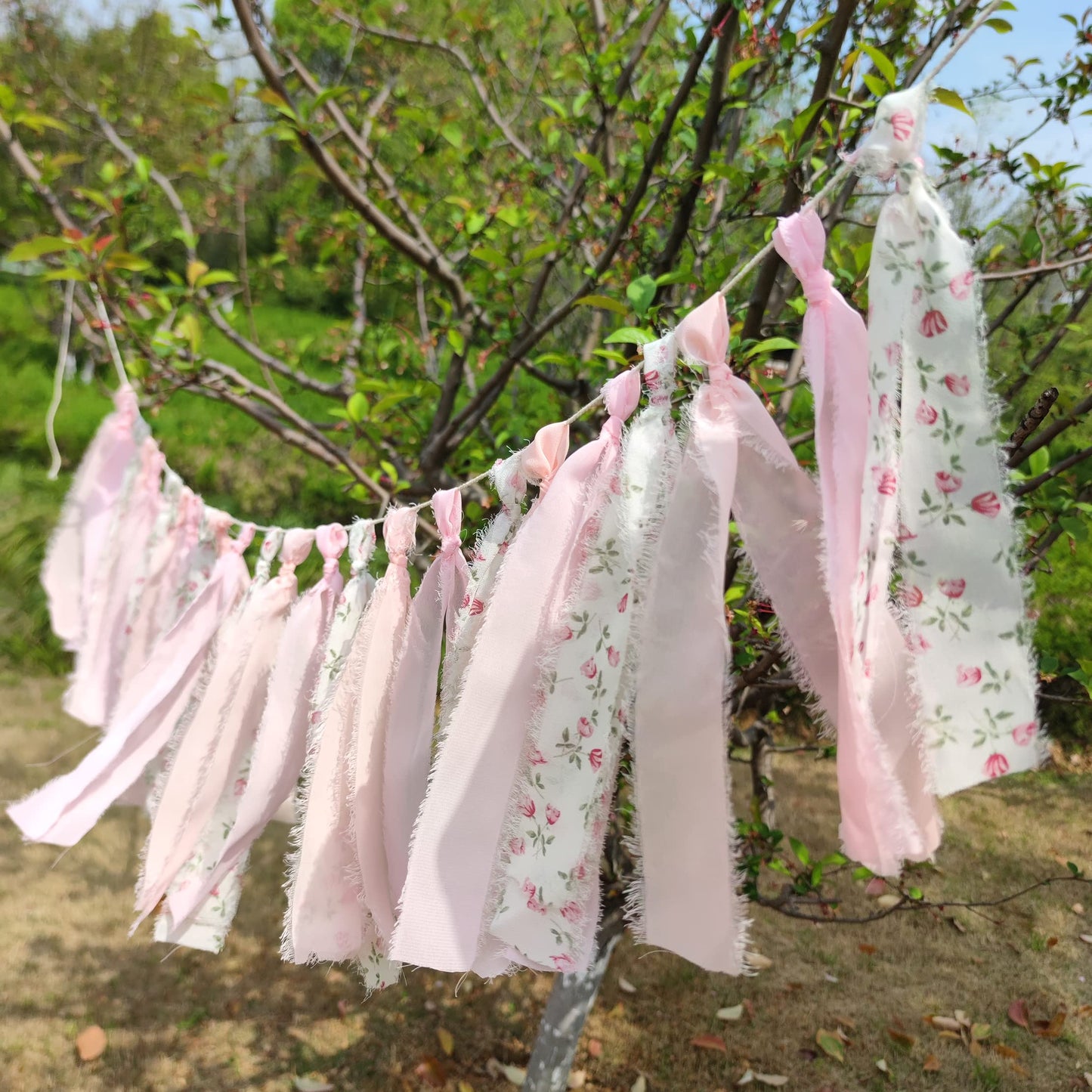Mybbshower Pink Floral Tsaasel Garland for Wedding Spring Tea Party Haning Chiffon Tassel Banner Table Decor