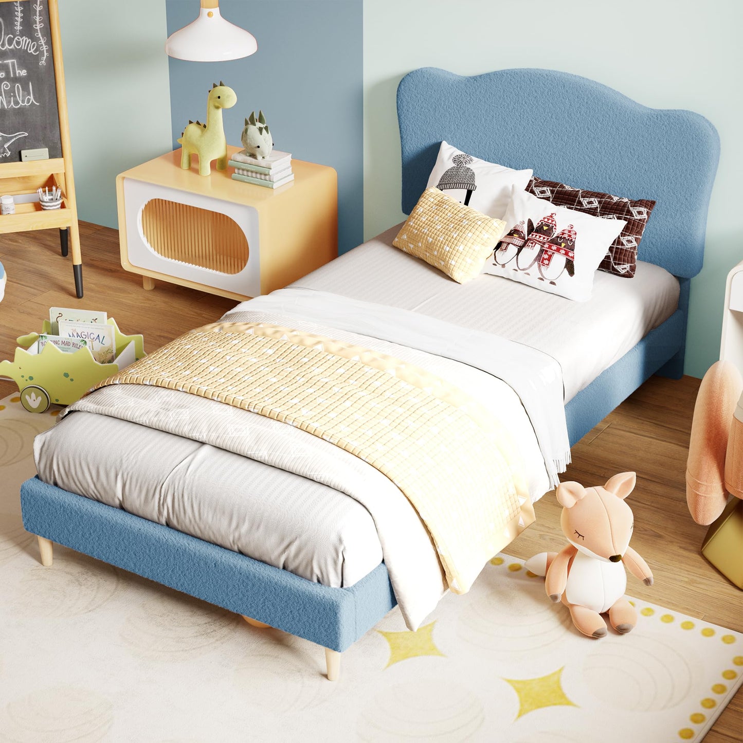 GarveeHome Upholstered Twin Size Bed Frame for Kids with Scallop Headboard, Cute Velvet Twin Bed for Girls, Boys, Sturdy Platform Bed, No Box Spring Needed, Wooden Slats, Noise Free, Blue
