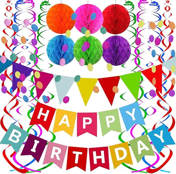 Fecedy Happy Birthday Banner With Colorful Paper Flag Bunting Paper Circle Confetti Garland Swirl Streamers Honeycomb ball...