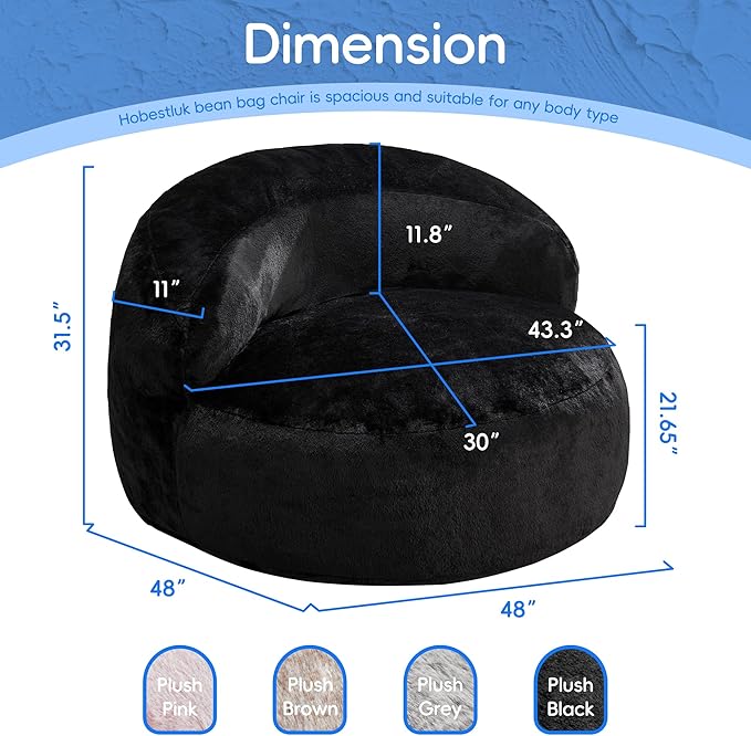 Hobestluk Bean Bag Chair Giant Bean Bag Chairs for Adults Big Bean Bag Chair with Memory Foam Filler Adults Large Beanbag with Faux Fur Cover for Bedroom(Plush Black,Oversize)