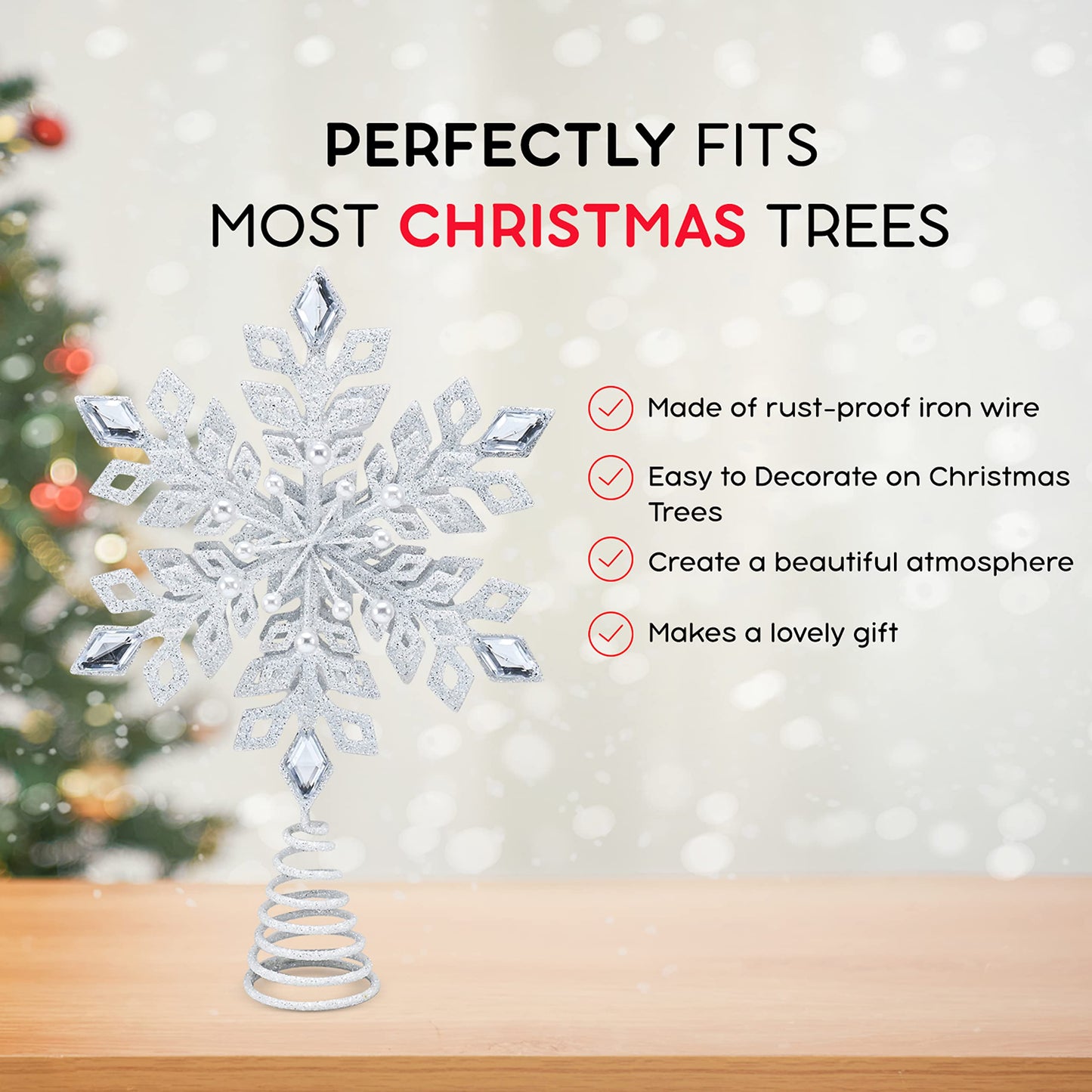 Ornativity Glitter Snowflake Tree Topper - White Sparkling Jewel Snow Flake Christmas Decor Tree Top Xmas Holiday Decoration with Gem Design 11.5"