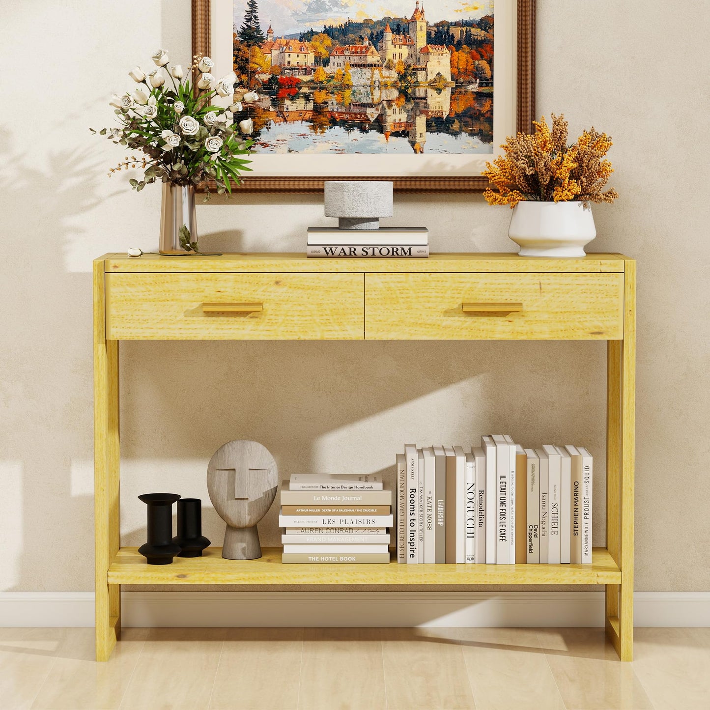 Edospaen Solid Wood Console Table with Storage Entryway Table with 2 Drawers Shelf & Reinforced Legs