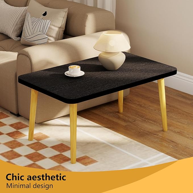 Funecy Coffee Table Low Table with Solid Wood Sturdy Legs, Floor Table Desk for Sitting on The Floor, Storage and Living Room Furniture (Black-Square)
