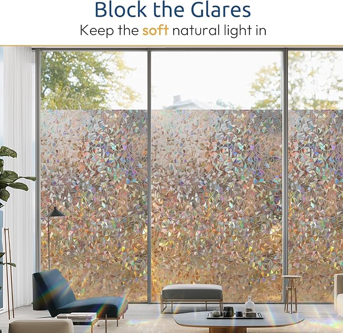 rabbitgoo Window Privacy Film Rainbow Film Decorative Window Sticker, 3D Static Stained Glass Cling Tint for Home Heat Control Non-Adhesive, Brown, 17.5 x 78.7 inches