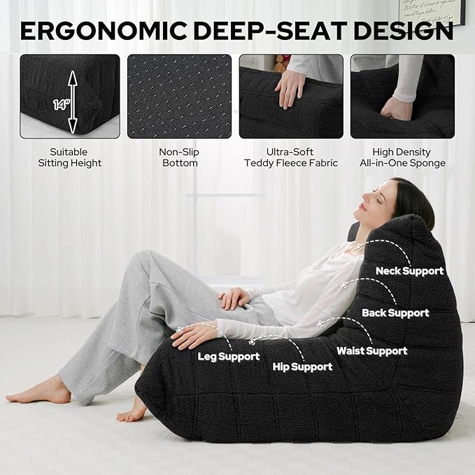 HABUTWAY Bean Bag Chairs Fireside Lazy Floor Sofa, Soft Teddy Fleece Bean Bag Sofa with High-Resilience Foam Filling，Beanbag for Living Room, Bedroom, Office (Black Teddy)