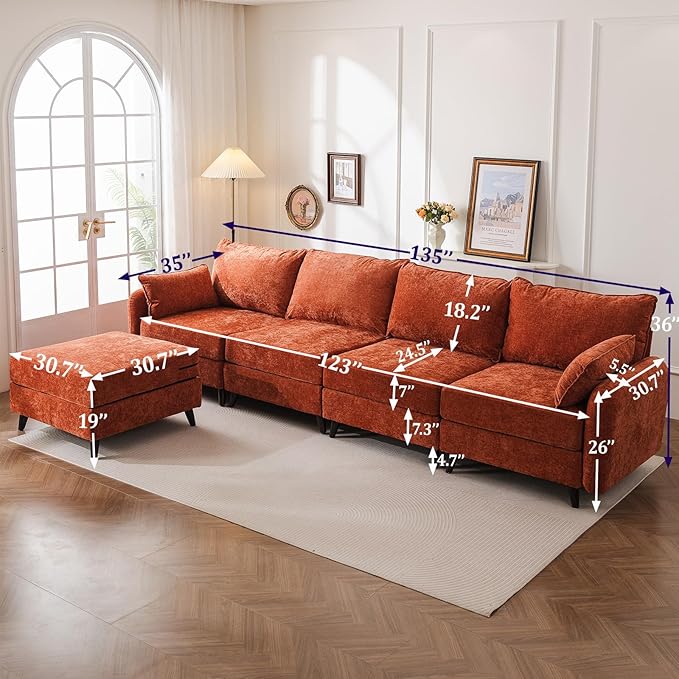 Rexulqo 135'' Modular Sectional Sofa with All Seats Storage, Oversized L Shaped Couch for Living Room,4-Seater Comfy Cloud Couches with Movable Ottoman,Big Sectional for Bedroom,Velet,Orange