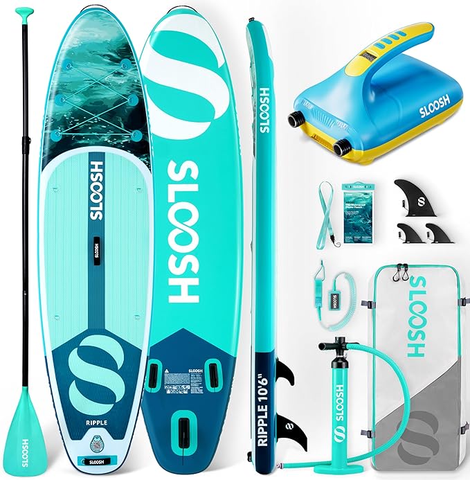 SLOOSH Inflatable SUP & Electric Pump Bundle – 10'6" Paddle Board with Premium Accessories, Non-Slip EVA Deck, 20 PSI Dua...