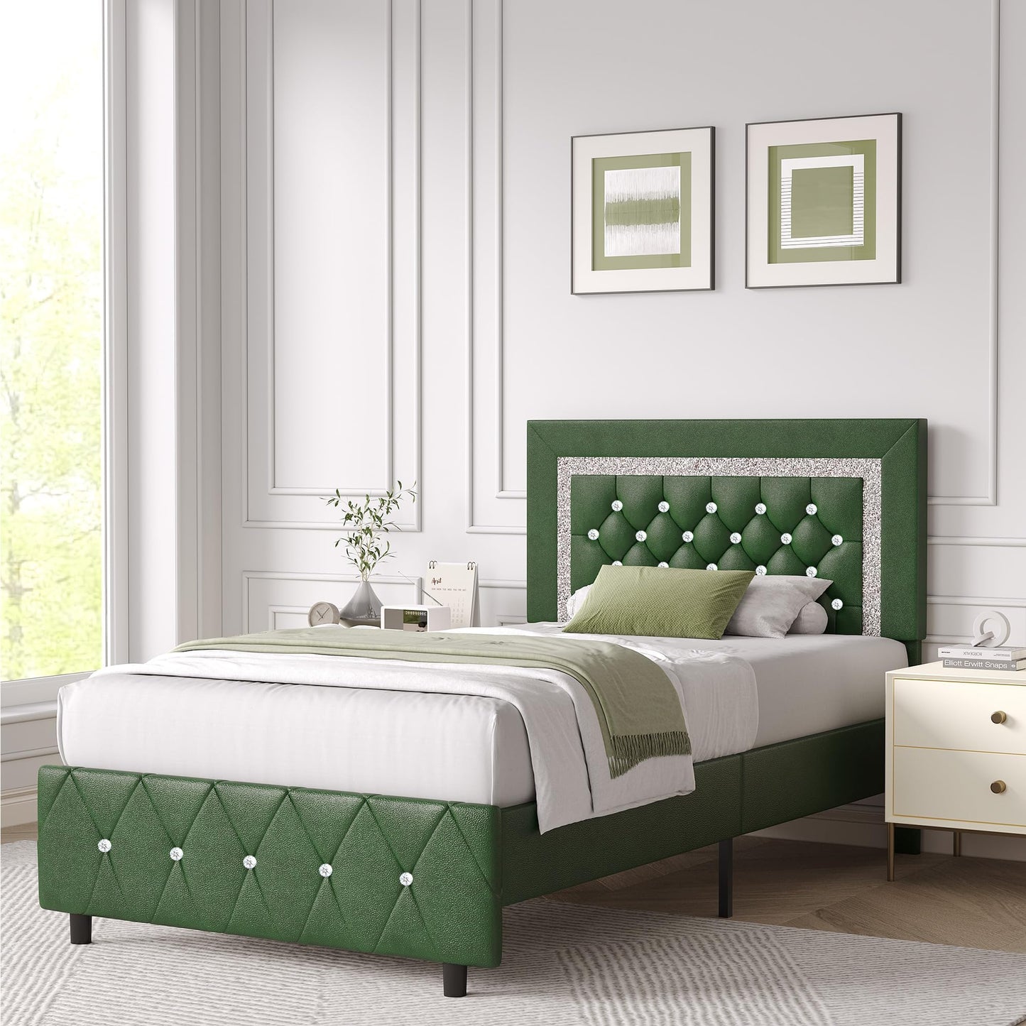 Twin Bed Frames with Headboard, Faux Leather Upholstered Bed with Diamond Tufted Design, Modern Platform Bed with Wooden Slats Support, No Box Spring Required, Easy Assembly, Green