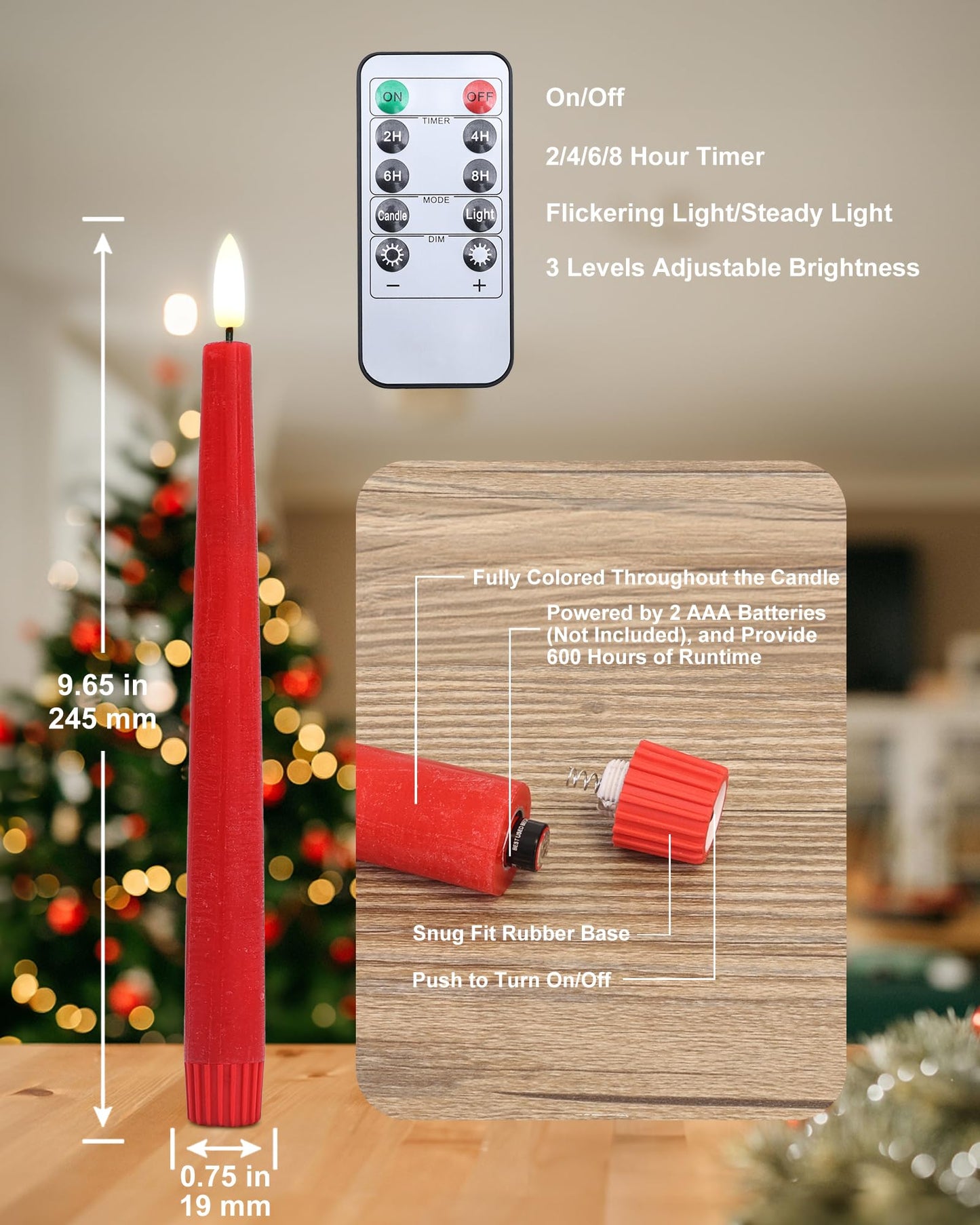 Stmarry Red Real Wax LED Flameless Taper Candles with Remote and Timer, 9.65 Inch Flameless Candlesticks, Dripless Battery Operated Candles with 3D Flickering Flame - Set of 6